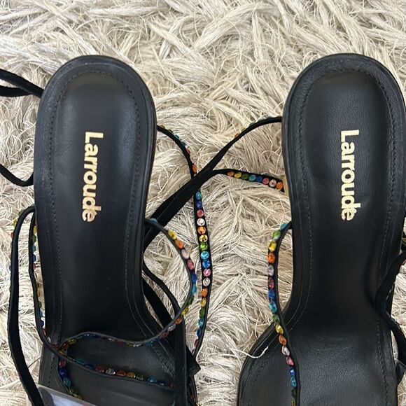 NWOB Larroude Disco Gloria Embellished Wrap Sandals in Black Leather/Vinyl 6.5 - Picture 9 of 16